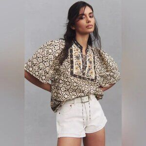 Anthropologie Pleated Floral Boho Puff-Sleeve Peasant Blouse Size XS NWT